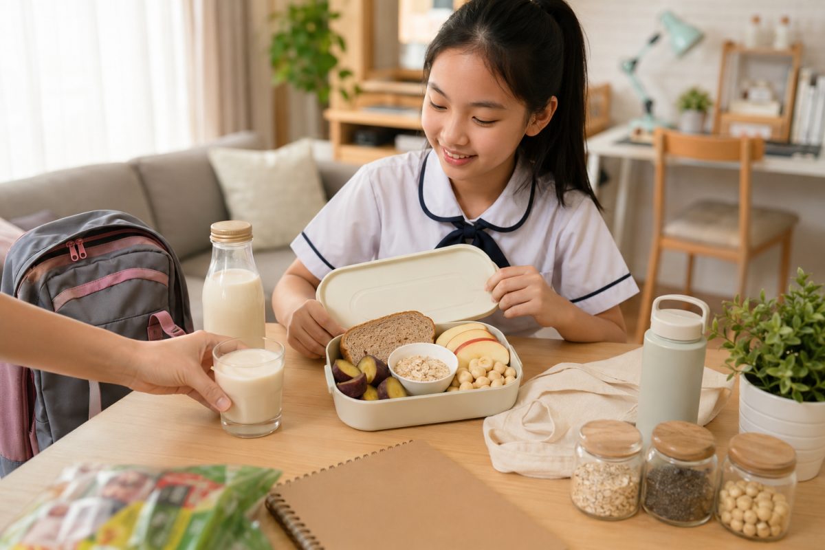 Bữa phụ lành mạnh cho học sinh sau giờ học với sữa hạt và trái cây