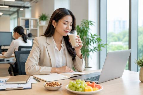 Sữa hạt cho nhân viên văn phòng bận rộn trong bữa phụ lành mạnh tại nơi làm việc