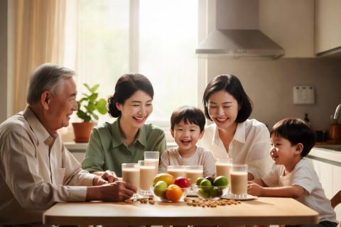 Gia đình nhiều thế hệ cùng thưởng thức sữa hạt Xuân Xanh tại bàn ăn sáng