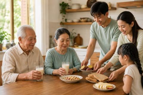 Ông bà dùng sữa hạt như bữa phụ nhẹ nhàng trong gia đình