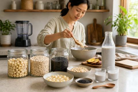 Hạt sen yến mạch mè đen trong sữa hạt thực dưỡng nguyên liệu minh bạch